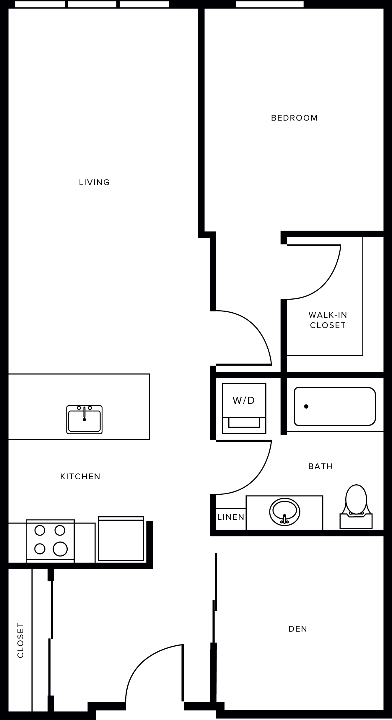 Floor plan for 1 bed, 1 bath, 766 sqft